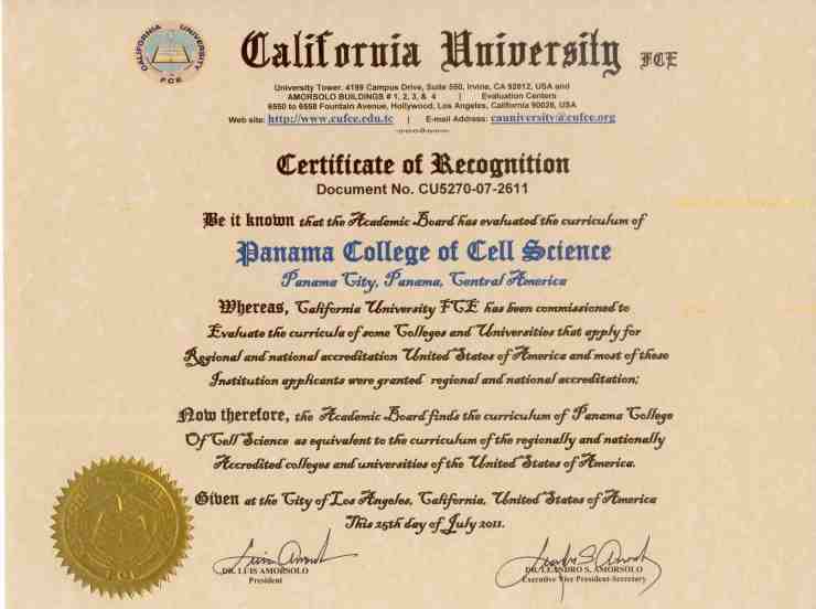Panama College of Cell Science Certificate of Equivalency to regionally accredited US college or university